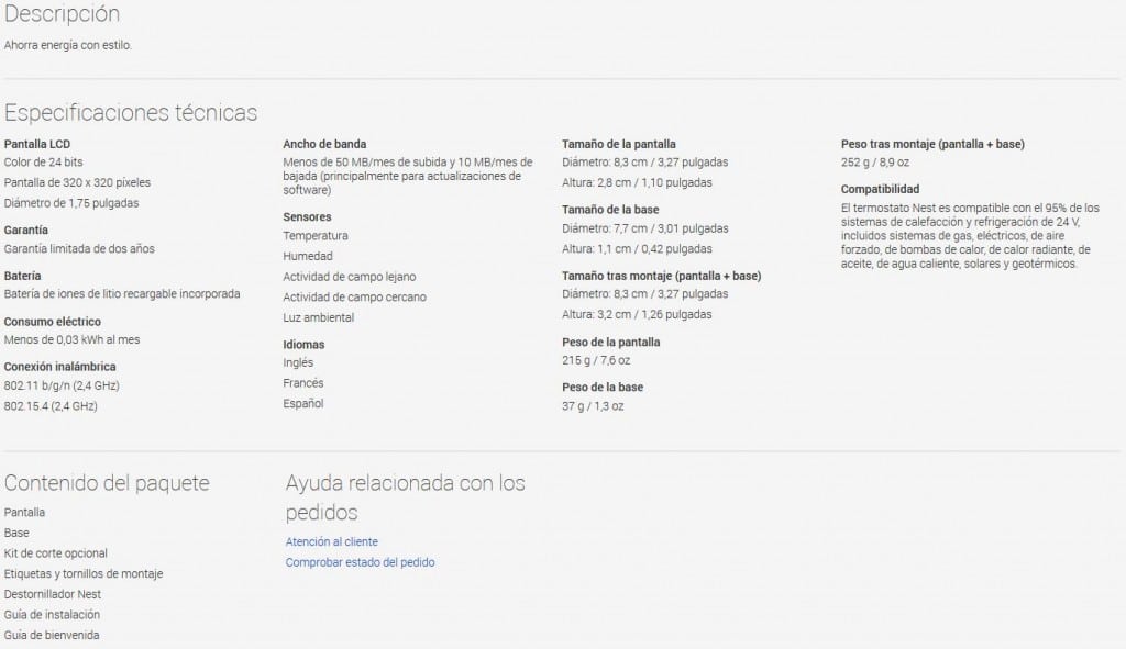 Especificaciones Nest