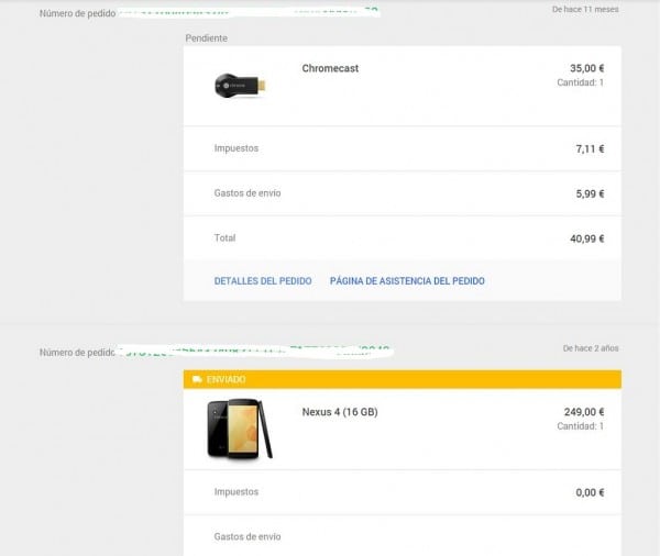 Historial de Pedidos en Google Store