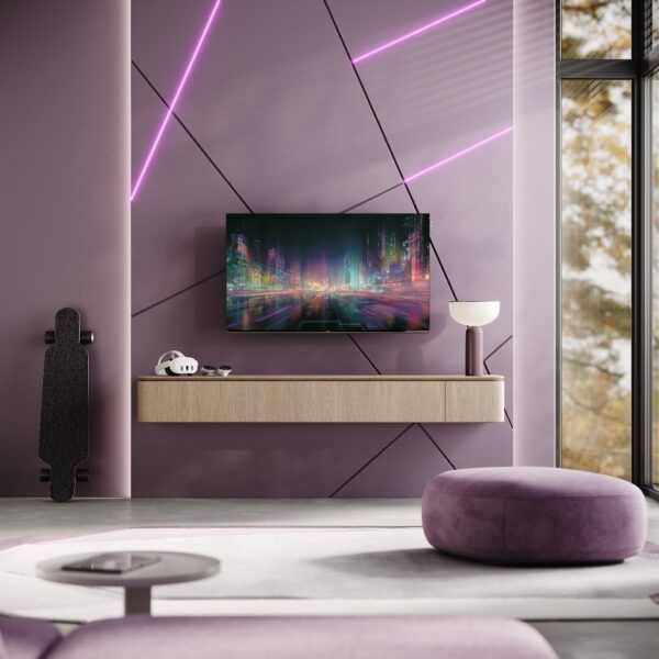 Televisor Loewe We. SEE OLED dc instalado en un salón de diseño minimalista con iluminación decorativa