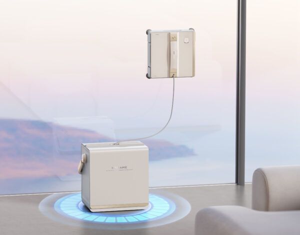 El robot limpiacristales Dreame C1 Station realizando una limpieza profunda en un gran ventanal mediante su tecnología CornerClean