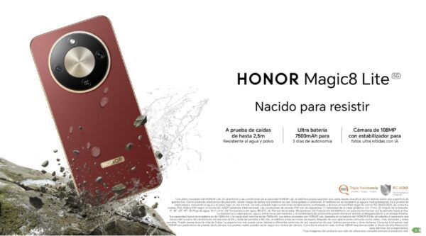 Smartphone HONOR Magic8 Lite en color Reddish Brown con diseño resistente al agua y a los impactos