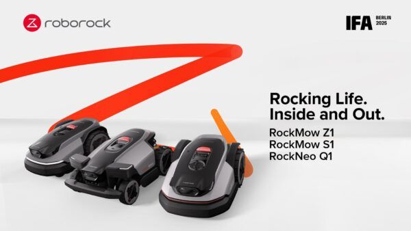 Robot cortacésped Roborock RockMow Z1 trabajando en un jardín con pendiente pronunciada