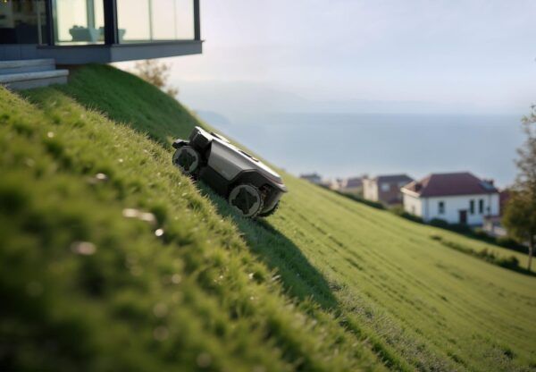 El robot cortacésped Roborock RockMow Z1 superando una pendiente del 80% en un jardín