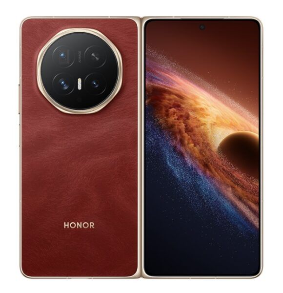 Smartphone plegable HONOR Magic V6 mostrando su diseño ultrafino de 8,75 mm y pantalla LTPO. Vista trasera